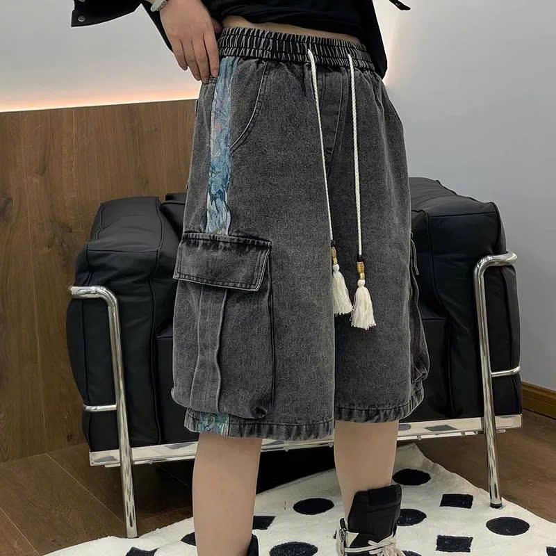 Quần Đùi Bò PHỐI SỌC HỌA TIẾT DÂY THẮT TÚI HỘP Quần Jeans Nam Nữ Unisex Ống Rộng Lưng Chun Dáng Đứng Ngắn Ngang Gối Cá Tính