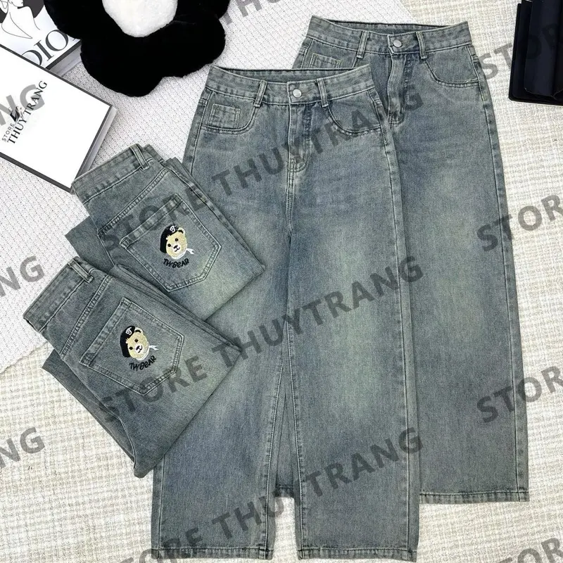 [ XS, S, M,L, XL ] [ BẢN NẤM LÙN VÀ BẢN THƯỜNG ] QUẦN JEAN SUÔNG THÊU GẤU CẠP CAO LƯNG CAO HACK DÁNG HOTTREND