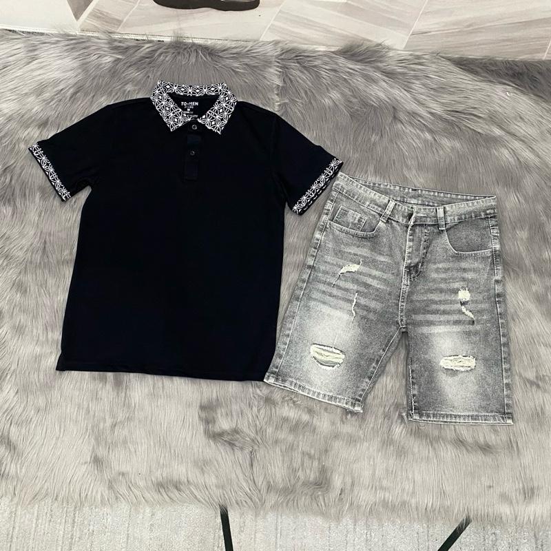 Bộ Quần Short Và Áo Thun Polo Nam Phối Hoạ Tiết Ở Cổ Và Tay Áo