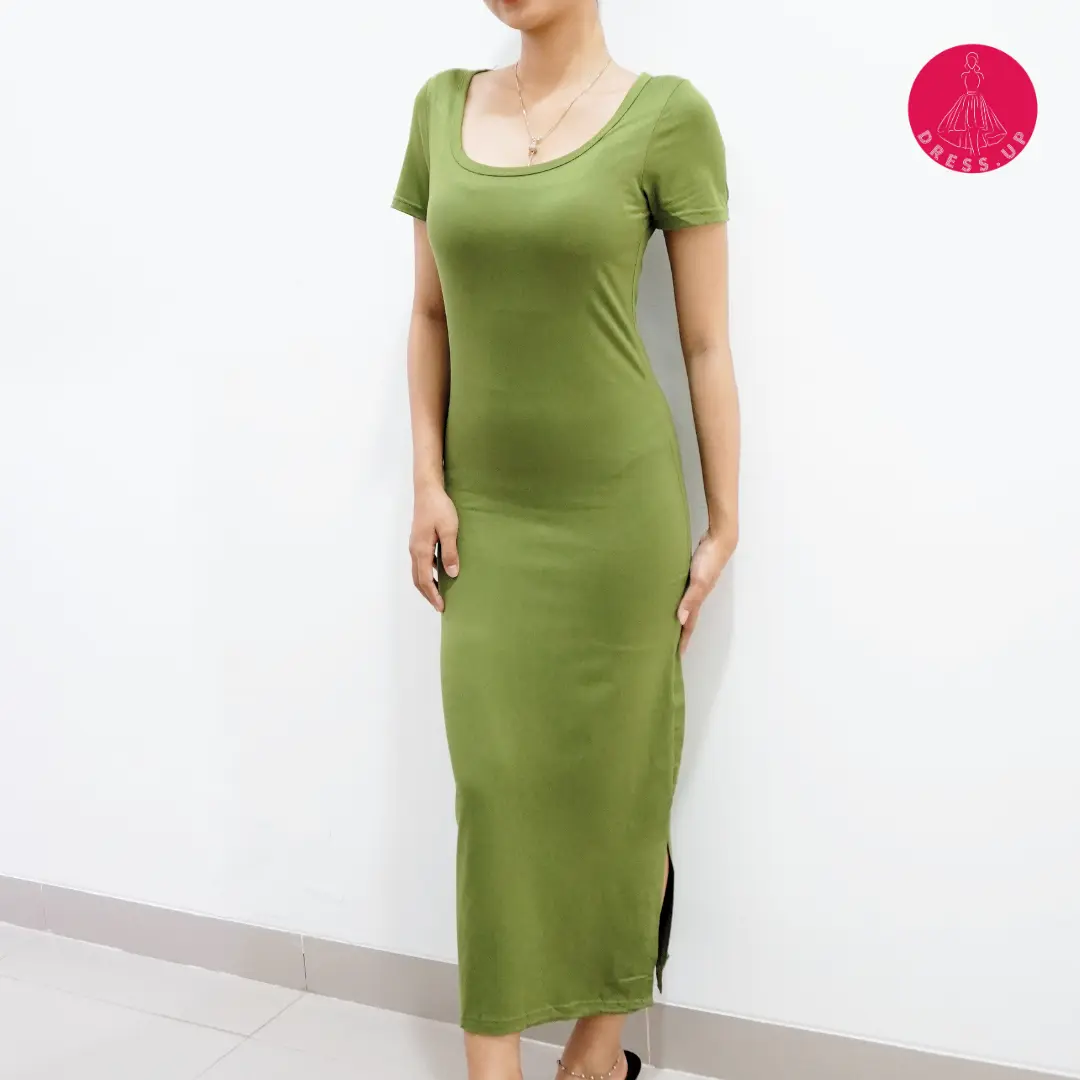 [DRESS.UP] DR009 Dress Panjang Lengan Pendek Bodycone Wanita Casual Rayon Spandex Cantik Midi Baju