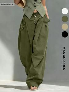 Pantalones tipo farol plisados con dobladillo, estilo hip hop “cool girl”, corte holgado con caída fluida, pantalones largos casuales para mujer, moda casual para primavera y otoño