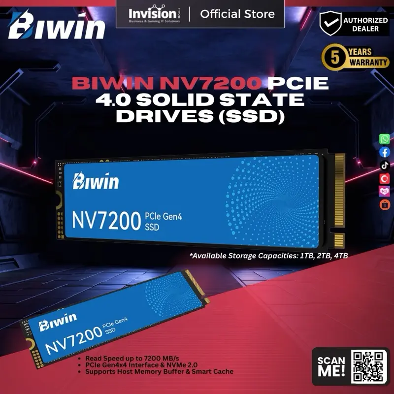 BIWIN NV7200 1TB / 2TB / 4TB PCie Gen4x4 M.2 2280 Solid State Drive (SSD) - 7200/6200 MB/s RW with 5 Years Warranty