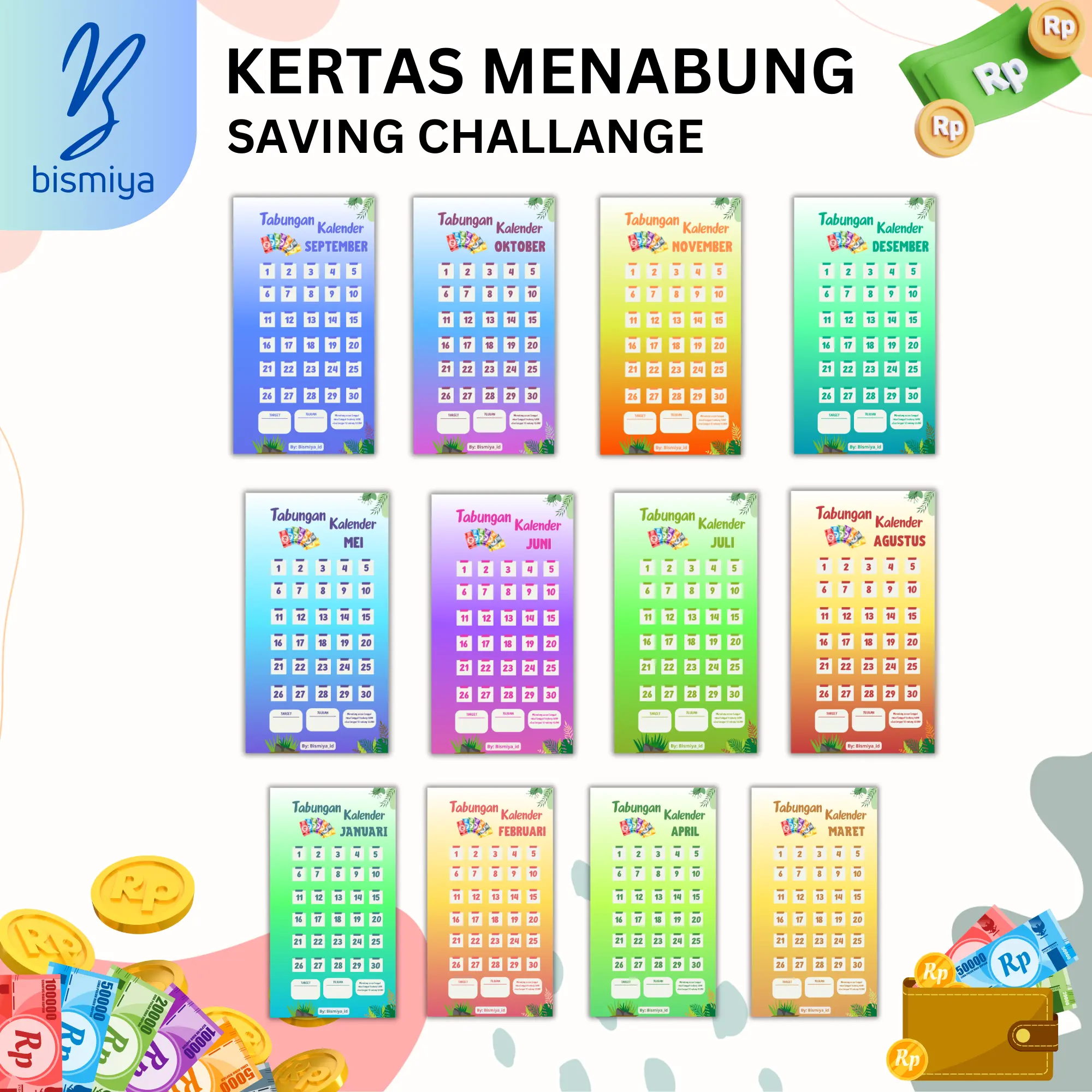 kertas binder saving challenge kalender 12 lembar / isi binder tabungan keuangan viral