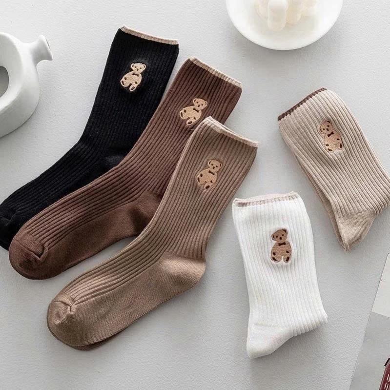 ￼Combo 5 Đôi Tất Gấu Cổ Cao Phong Cách Vintage Thời Trang Hàn Quốc, Vớ Dệt Kim Chất Đanh Mịn Co Dãn Tốt