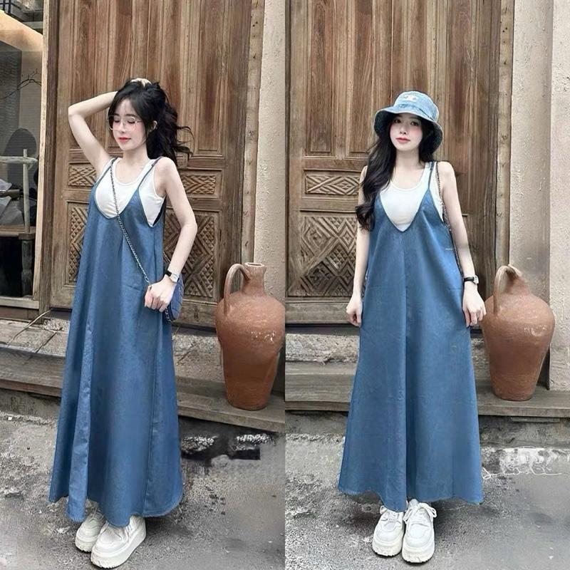 Váy Yếm Bò Sét Yếm Kèm Áo Thun From Rộng Dáng Dài Chất Bò Giấy ELYSHOP