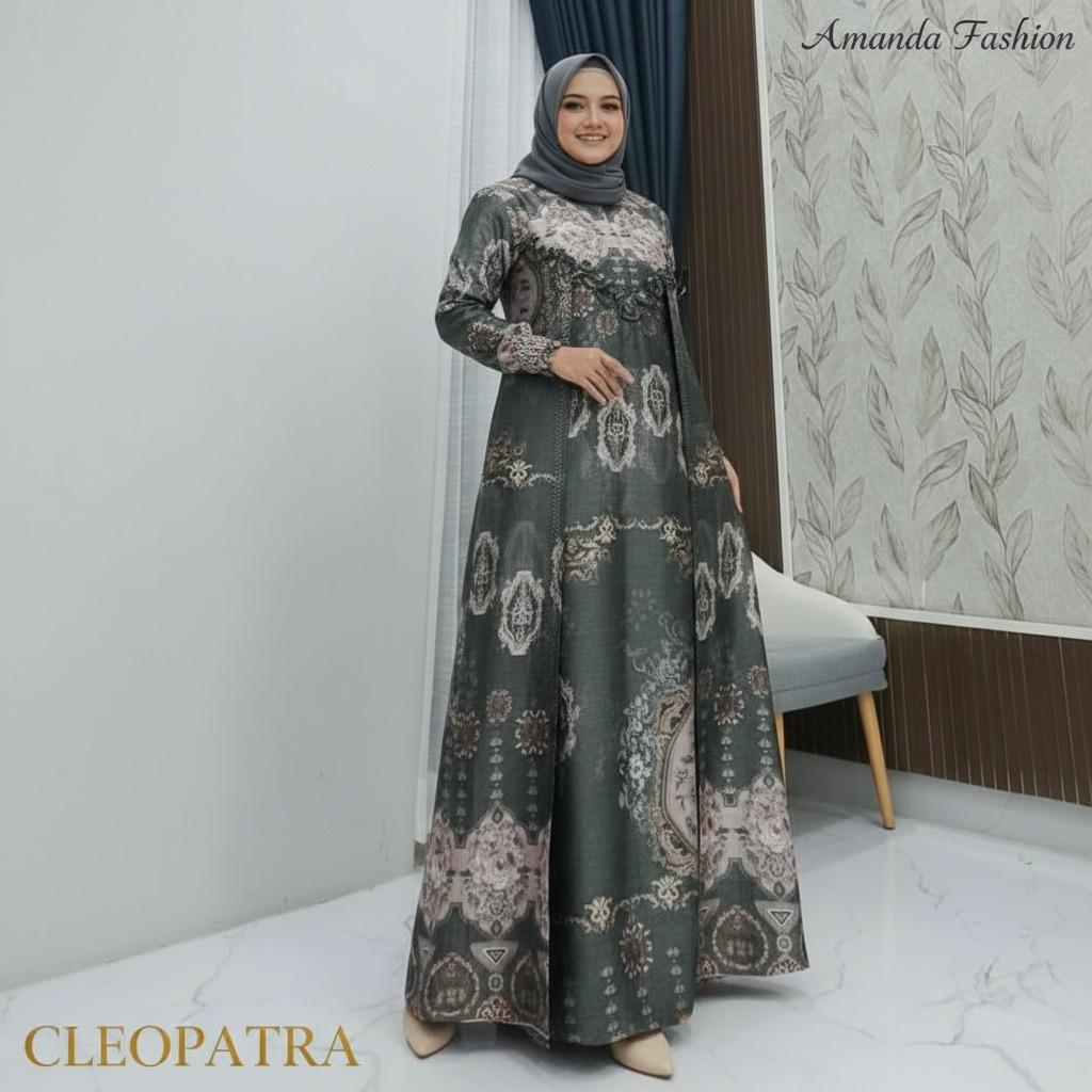 Gamis Amanda Cleopatra Bahan Silky Printing Motif Cantik Rompi Kanan Kiri MOTIF BUNGA RANDOM(Free Pouch)