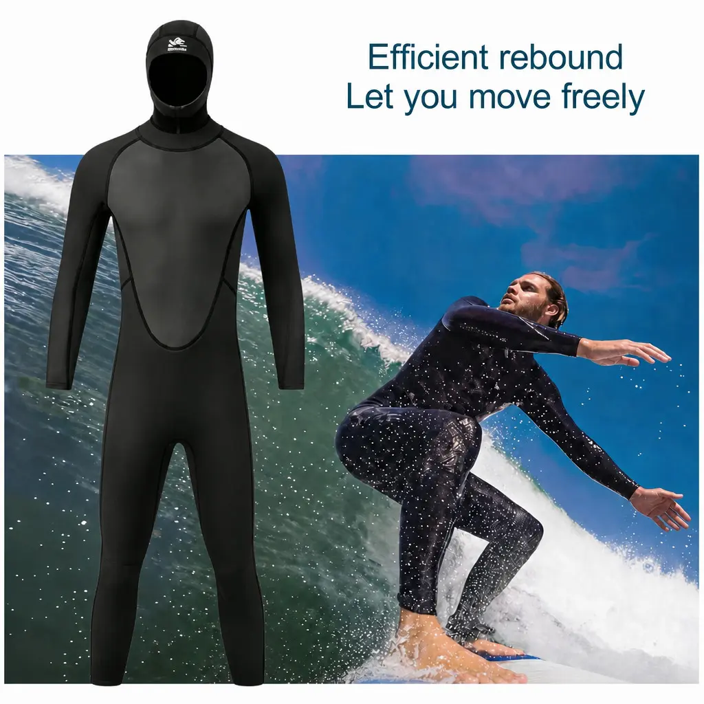 Baju Selam 3mm Lengan Panjang Full Body Anti Sinar Matahari Dengan Topi Selam untuk Olahraga Air Hitam Elastis Tinggi Neoprene Nilon - Outdoor, Pinggang