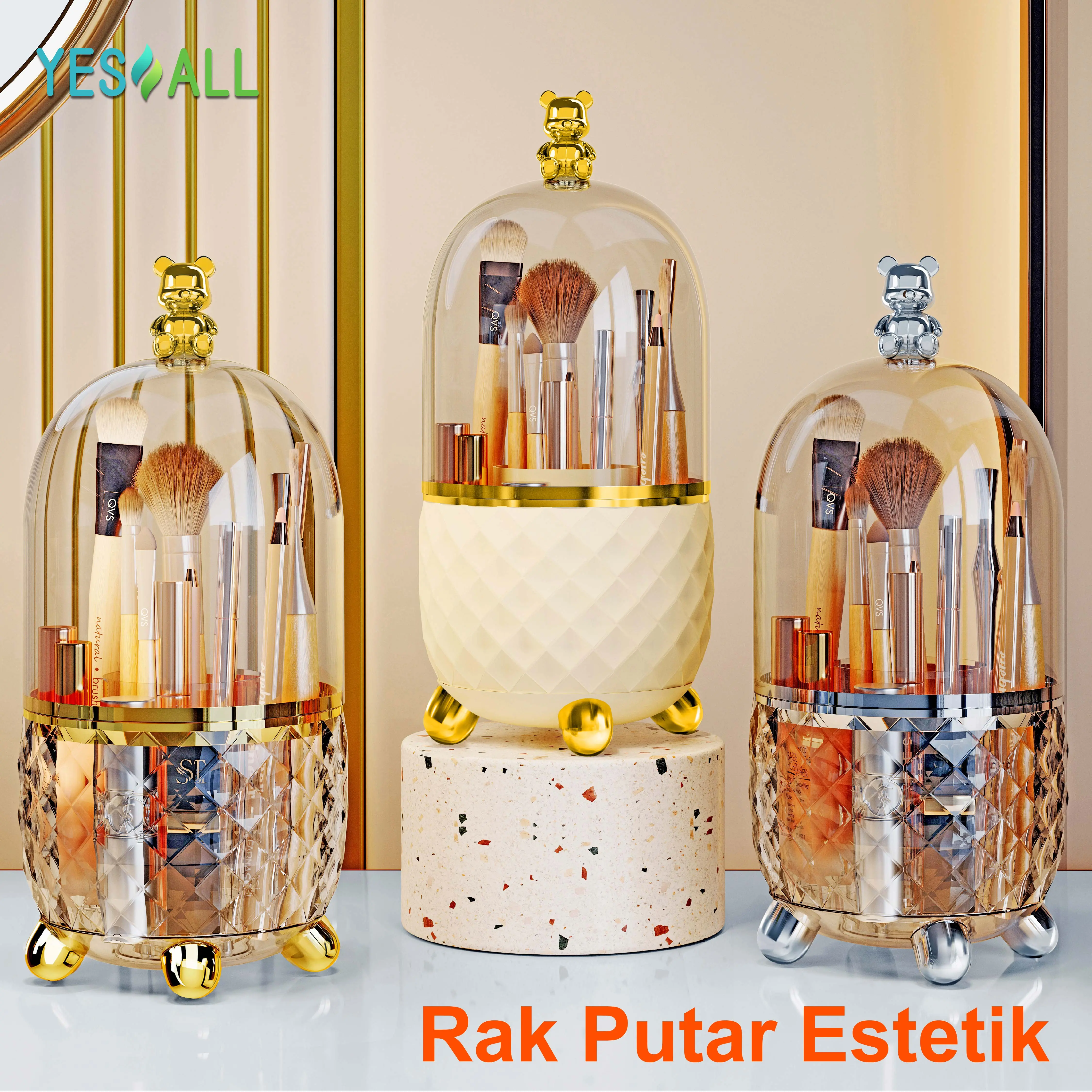 YESALL rak makeup kosmetik crystal transparan aesthetic rak kosmetik putar 360 derajat aesthetic tempat sendok garpu tertutup estetik tempat alat tulis kantor aesthetic tempat brush holder make up aesthetic organizer