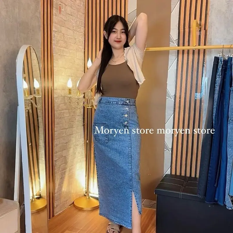 (EXCLUSIVE CI FEBY X MORYEN) rebecca rok jeans panjang rok jeans kancing belah depan rebeca rok skrit jeans span kamila rok jeans wanita berhijab 7