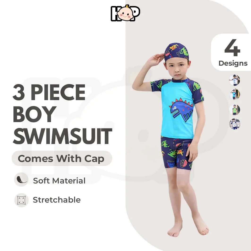 Dinosaur Cartoon Swimming Suit Boy 3-Piece Set Swimwear Kids Swimsuit Swimming Suit Kids Boy Girl Baju Renang Budak Clothing Kid Outdoor Sport Kids