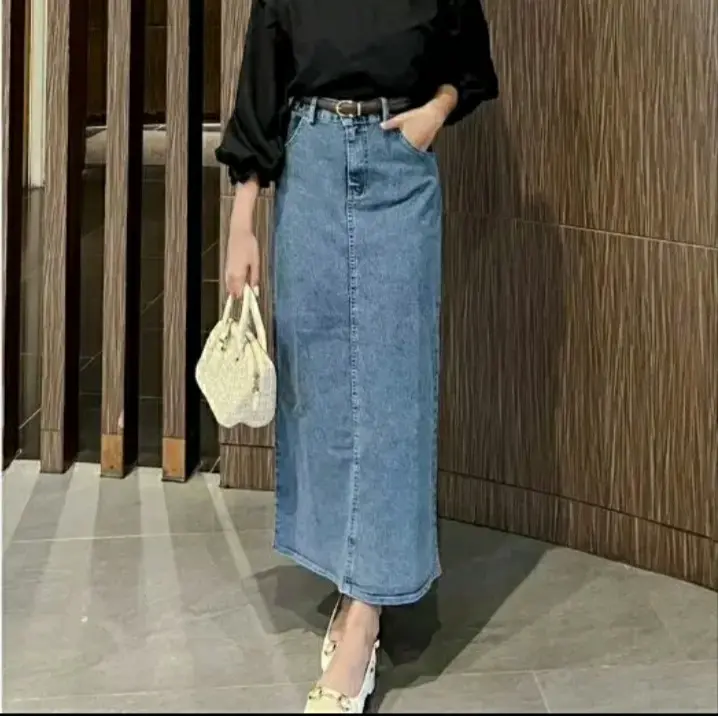 Theana Rok Jeans Skirt Panjang Wanita Kancing Karet Denim Melar Variasi Samping Maxi Casual