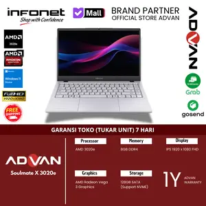 ADVAN Soulmate X 3020e 14" IPS FHD AMD 3020e 8GB/128GB Vga Radeon Vega 3 Windows 11 Laptop Original dengan Garansi Resmi Indonesia