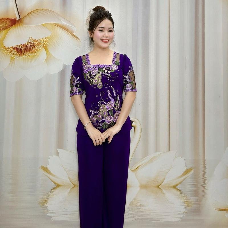 B8 Đồ bộ Thun nữ trung niên Áo tay lỡ cổ vuông thêu, quần dài ống suông thương hiệu Hải Sơn Women