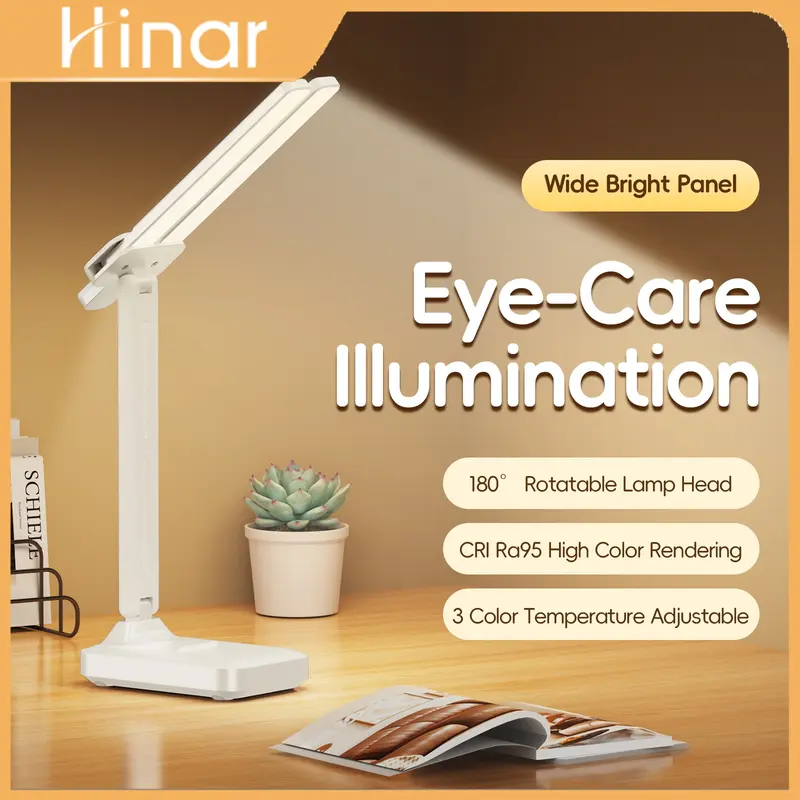 HINAR Foldable Desk Lamp Dual Head LED Table Lamp Rechargeable Study Lamp Reading Light Adjustable lighting Pen holder phone holder