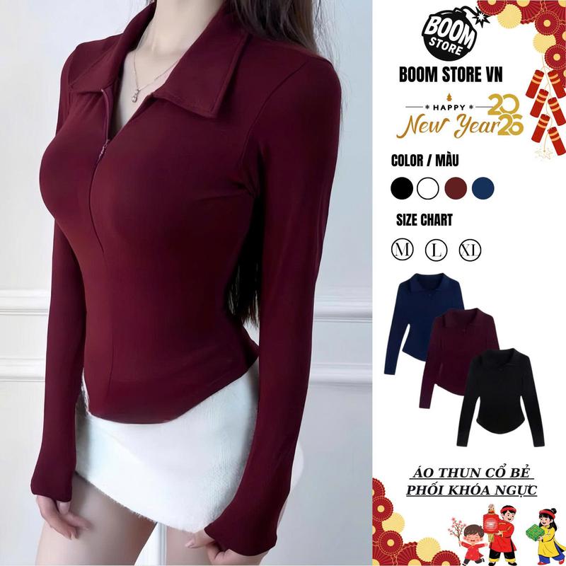 Áo Thun Nữ Cổ Bẻ Dài Tay Phối Khóa Kéo Dáng Ôm Vạt Bầu Chất Thun Tăm Hàn Mịn – BY BOOM STORE VN | BigBuy360 - bigbuy360.vn
