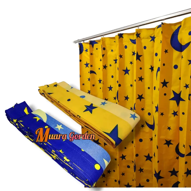 Gorden plisket Bulan Bintang 1 Set Lengkap Dengan Batang Tinggal pasang /Gorden Jendela Panjang 2 mtr / Gorden Jendela Pendek / Gorden Pintu Kamar / Gorden Jendela kamar / Gorden Murah / Hordeng 1 set lengkap / Tirai Jendela  Kain Biru Kuning 4