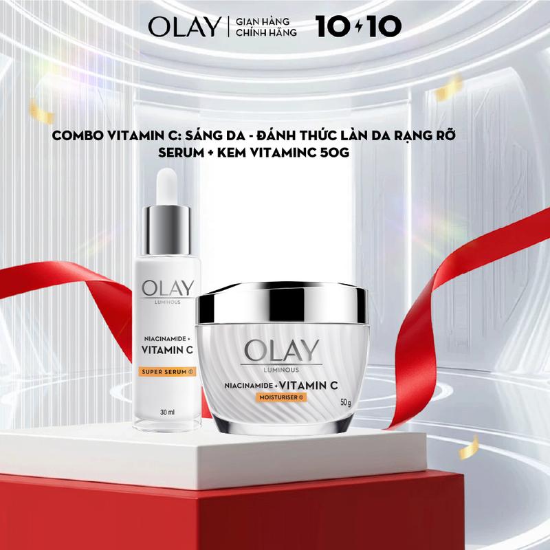 Combo 2: Kem Dưỡng Và Super Serum OLAY Luminous Niacinamide & Vitamin C Giúp Mờ Vết Thâm, Đốm Nâu, Dưỡng Sáng Da (50G+30ML)