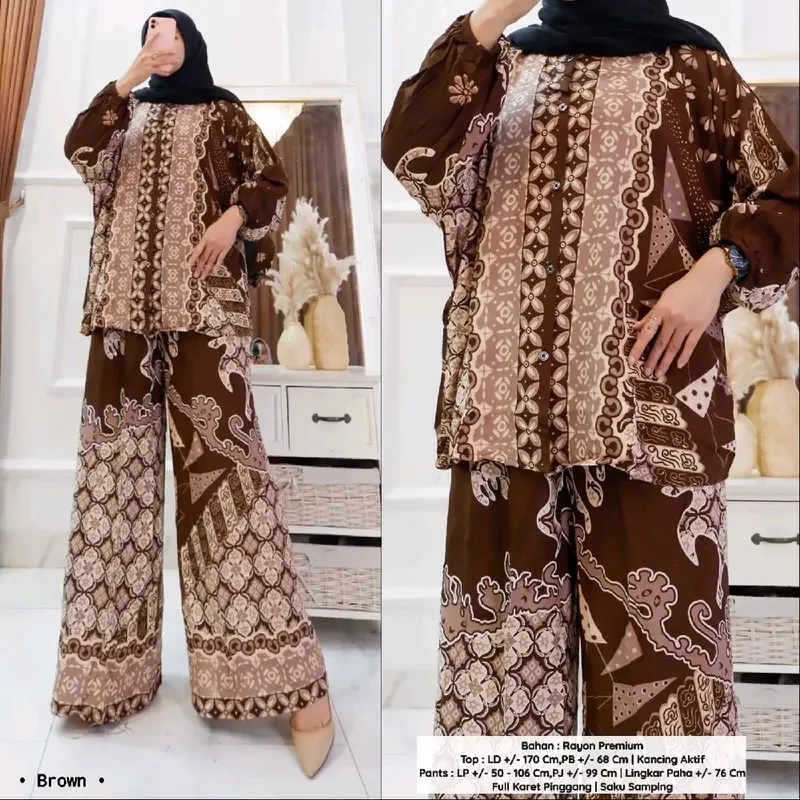Seruni Setelan Jumbo  Blouse Batwing dan Kulot Bahan Rayon Batik Adem Nyaman Busui Kancing Aktif Baju Motif Celana Panjang Muslim Karet Samping Top 0