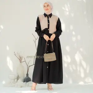 Midi Dress Zhafira Katun Polo Linen Premium Terbaru Simpel Elegan Casual by AMFASHION Kancing Muslim Gamis Wanita