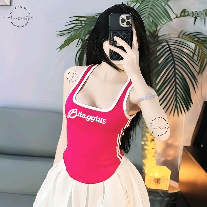 Không Mod Áo Thun 3 Lỗ Cổ Vuông Sâu Khoe Ngực In Chữ Bling Girls Lưng Chữ Y Trơn Phối Viền Dáng Lửng Vạt Bầu Ôm Body Chất Thun Borip Freesize Áo Hở Lưng Street Style Mặc Nhà Mặc Đi Biển Mặc Đi Chơi croptop