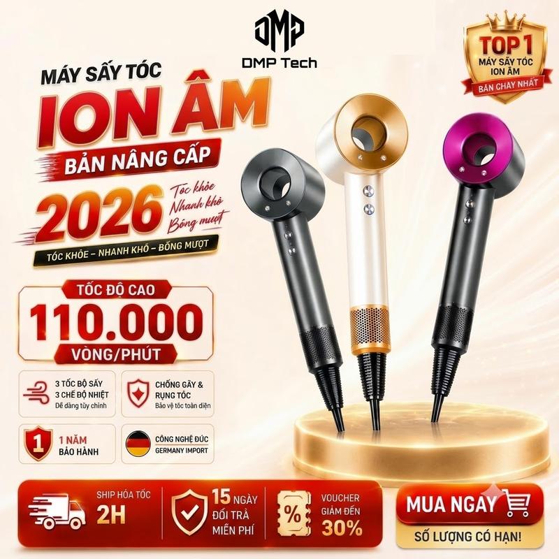 Máy sấy tóc ion âm tốc độ cao 110.000 vòng/phút - Sấy khô nhanh, giảm xơ rối - chế độ nóng lạnh - Thiết kế sang trọng