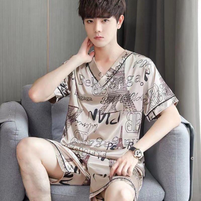 Bộ Đồ Ngủ Lụa Lạnh Dành Cho Nam Giới, ngắn Tay Áo, Mỏng Và Rộng Rãi, Cỡ Lớn, Làm Bằng Lụa Nhân Tạo, Bộ Đồ Hai Mảnh, Thích Hợp Cho Mùa Xuân Và Mùa Hè, Mặc Nhà Menswear Nhung 0