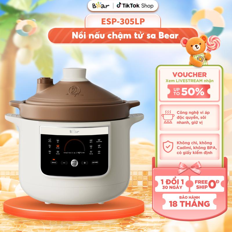 Nồi nấu chậm ninh hầm thố gốm tử sa Bear 3.0L ESP-305LP ( ) - Nồi nấu chậm đa năng, vi áp 12 chế độ nấu cháo, kho cá, nấu chè, hẹn giờ