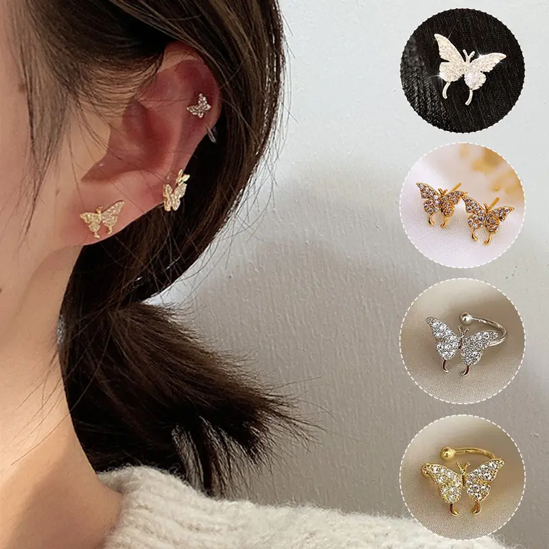 【Sunsetara】Full Diamond Small Butterfly Trendy Ear Stud Ear Clip Super Fairy No Ear Hole Earrings Female