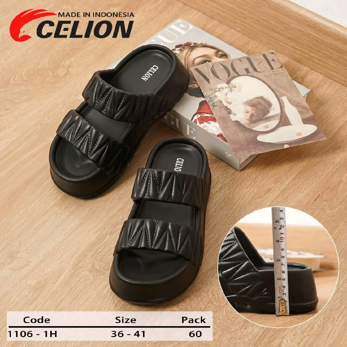 CELION Sandal Wanita Ban 2 Kerut Polos Kekinian Pilih Lokal 1106-1H