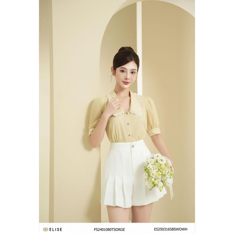 Áo sơ mi tơ vàng chanh viền cổ ren thiết kế Elise mã sản phẩm FS2401080TSORGE