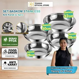 [EXCLUSIVE YENNY DI CHINA] TEXANIA Set Baskom Stainless Anti Karat Foodgrade Multifungsi Beli 1 Ukuran 32cm Gratis 3 Ukuran 26cm 28cm 30cm Kitchenware