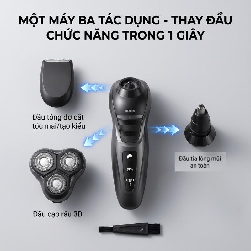 Máy Cạo Râu 3 Trong 1 NEXPRO Đa Năng - Cạo Râu 3D, Tỉa Lông Mũi, Tông Đơ Cắt Tóc Mai