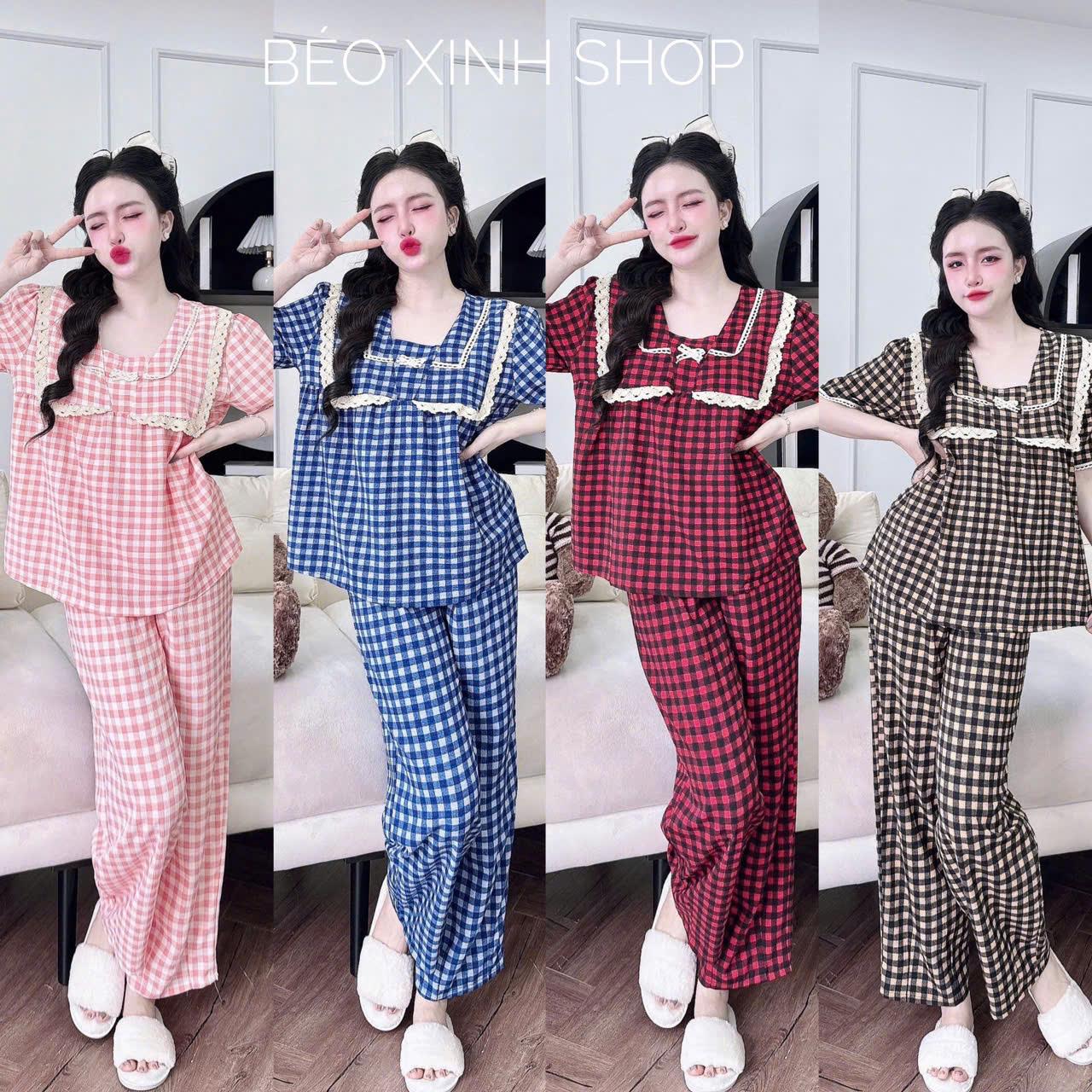 Đồ Bộ - Đồ Ngủ Quần Áo Vải Xốp Caro Cotton Tay Ngắn Quần Dài Pijama Bigsize 50-100kg Mặc Cực Thích Nữ Pants Lịch Quần Ngủ - A.5434