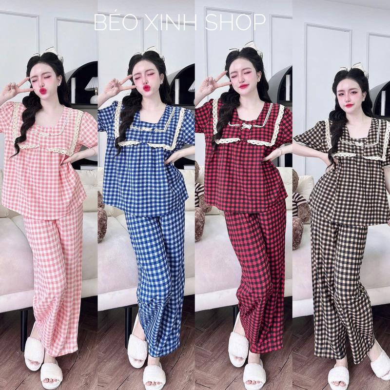 Đồ Bộ - Đồ Ngủ Quần Áo Vải Xốp Caro Cotton Tay Ngắn Quần Dài Pijama Bigsize 50-100kg Mặc Cực Thích Nữ Pants Lịch Quần Ngủ - A.5434