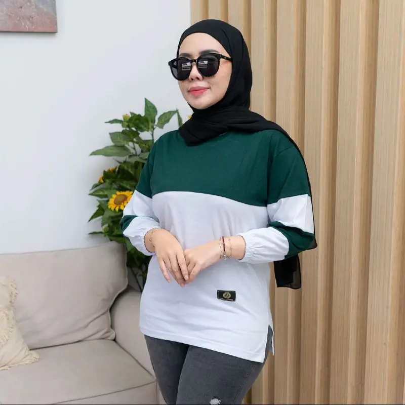 Ayessa Shop T-shirt Atasan Kaos Wanita Lengan Panjang Kerut Kombinasi Bahan katun Combeds nyaman enak dipakai 8
