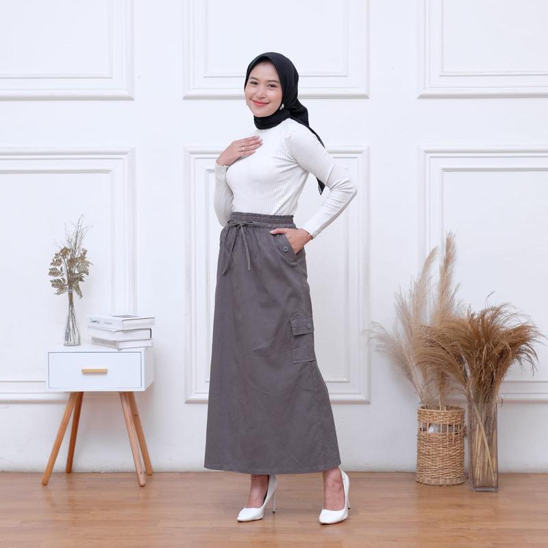 Cargo Twill Combed Street dengan Pinggang Karet dan Tali Serut - Nyaman Panjang Santai Wanita Casual Samping rok Pendek 3
