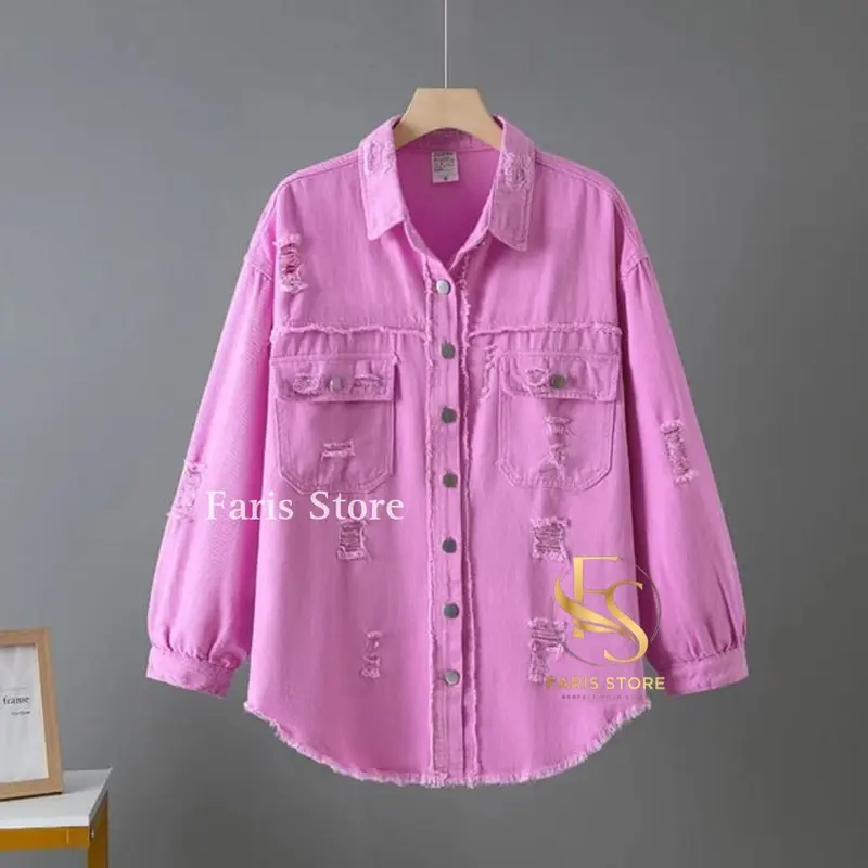 Jaket Denim Kemeja Jeans Oversize Sobek Lengan Balon Wanita 3
