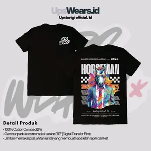 Baju Kaos Hitam Premium kualitas, Reguler Cowok & Cewek dengan Motif "Horseman" Bahan 100% Cotton Combed 24s.