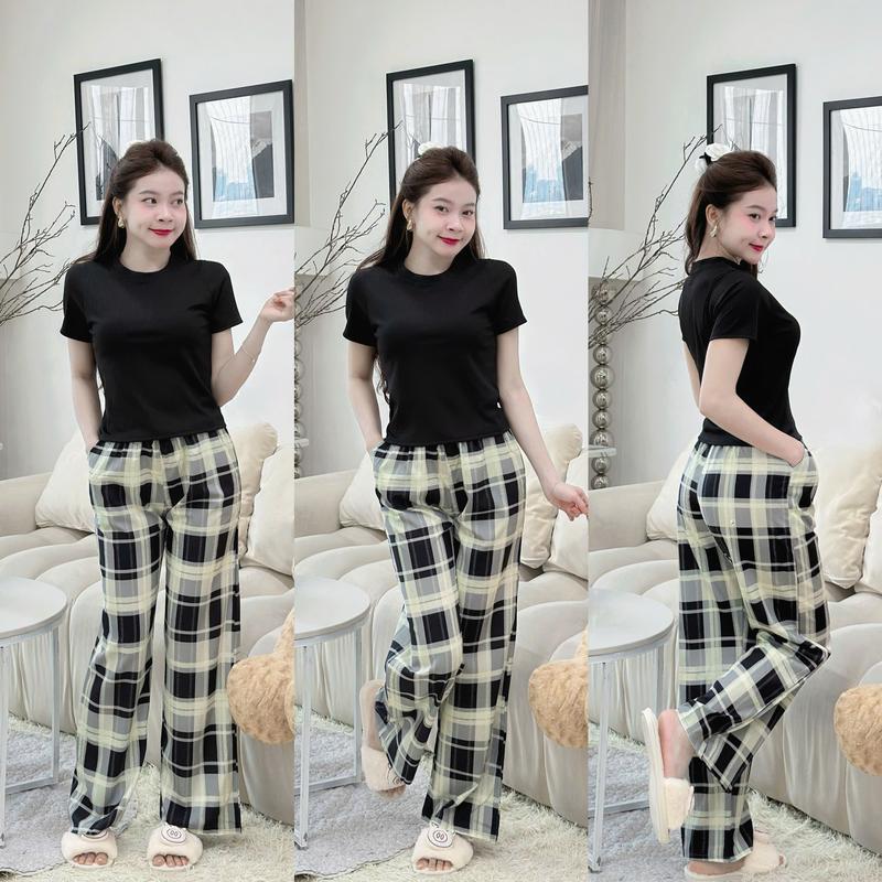  B-64 SET ĐỒ BỘ NỮ ÁO THUN TĂM & QUẦN LỤA ỐNG RỘNG 