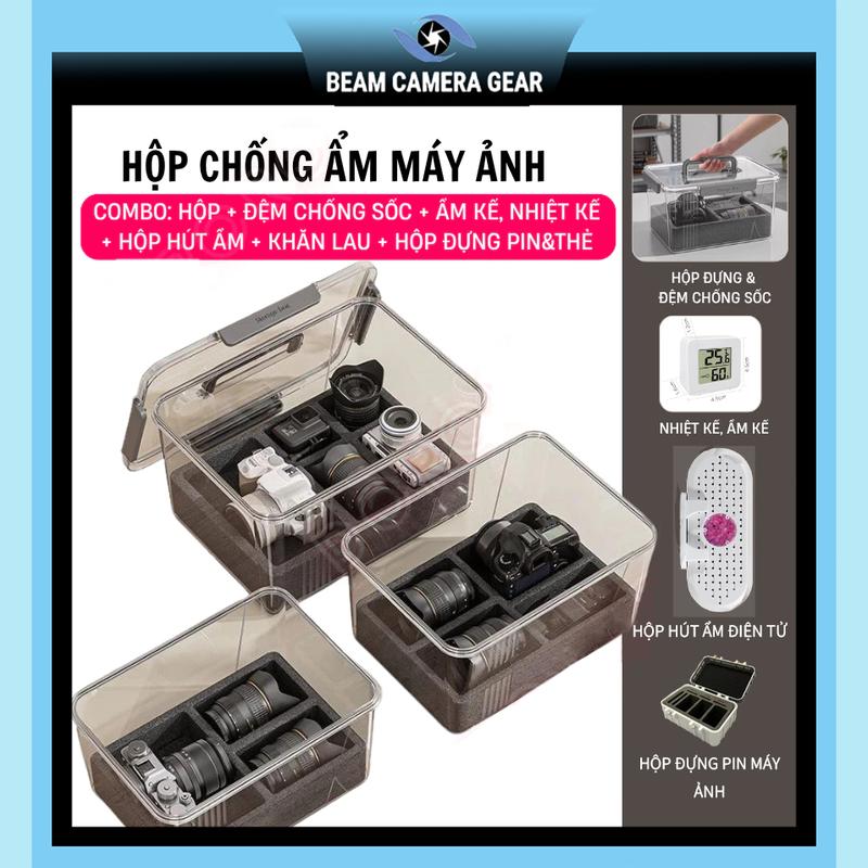 Combo hộp chống ẩm máy ảnh DSLR Mirrorless 6 trong 1 kèm đệm chống sốc ẩm kế…