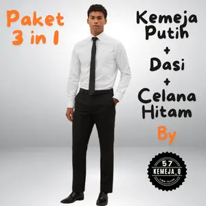 Setelan Kemeja Putih + Dasi + Celana Hitam Panjang Formal Ukuran Sampai Jumbo