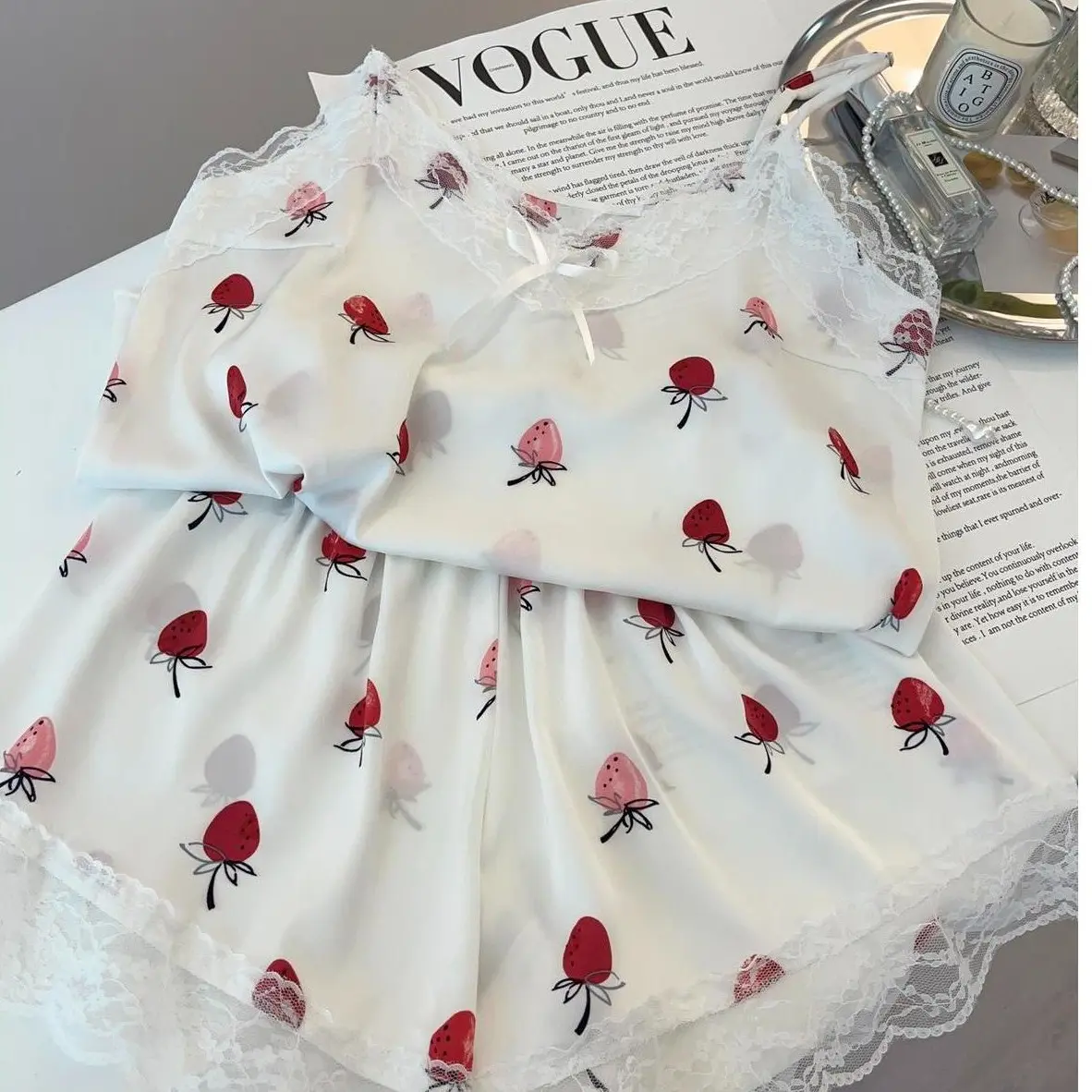 Piyama Korean Silk Milk Baju Tidur Set Celana Pendek Sweet Import French Cute Santai 740 Lembut Wanita