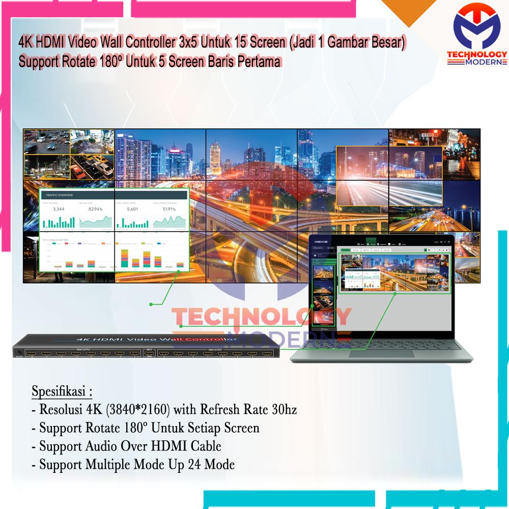 4K HDMI Videowall Controller 3x5 Untuk 15 Screen (Menampilkan 1 Gambar Besar) Support Rotate 180º Untuk Setiap Screen