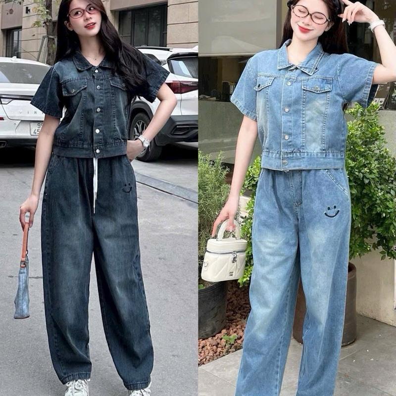 (THÊU MẶT CƯỜI NHỎ XINH) Set Jean B110 Cổ Đức Áo Tay Cộc - Quần Dài Thêu Mặt Cười Nhỏ Xinh, Danh Cho Nữ, Chất Jean Mềm,Màu Đen Khói & Xanh, 2 Size S &M Women
