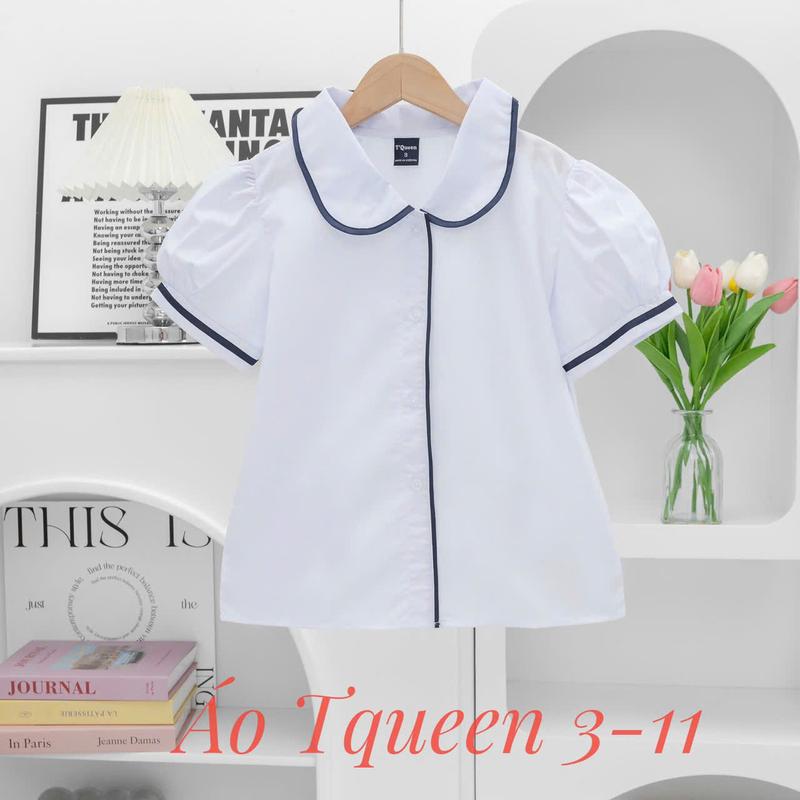 Áo sơ mi trắng cổ sen có viền tay phồng nữ học sinh đồng phục học sinh bé gái cấp 1 cấp 2, sơ mi cổ sen, đồ đi học tiểu học
