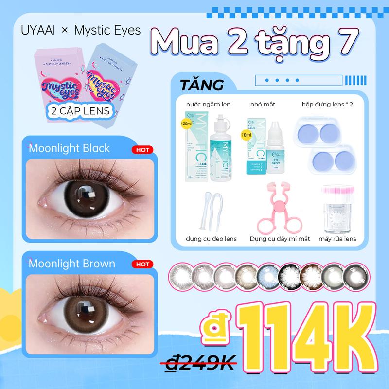 [mua 2 tặng 7, lens 0 độ] Kính áp tròng Mysticeyes 14.0-14.5mm; 2 cặp lens + 2 khay đựng lens + nước ngâm 60ml/120ml  + nước nhỏ mắt + máy rửa lens + nhíp và que đeo lens + dụng cụ hỗ trợ đẩy mí mắt