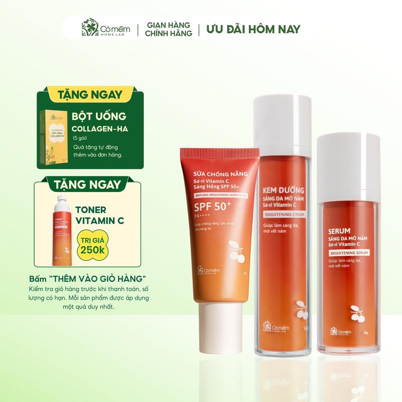 Bộ Chăm Sóc Da 3 Bước Kem Dưỡng Serum Và Sữa Chống Nắng Sơ-ri Vitamin C SPF50+ Cỏ Mềm Giúp Dưỡng Sáng và Bảo Vệ Da