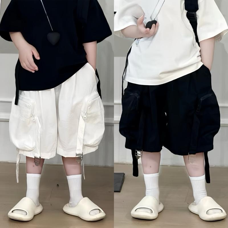 P5002 Quần ngố gió đũi lụa mềm túi hộp 2 dây đai ngang màu đen và trắng cho bé trai và bé gái.