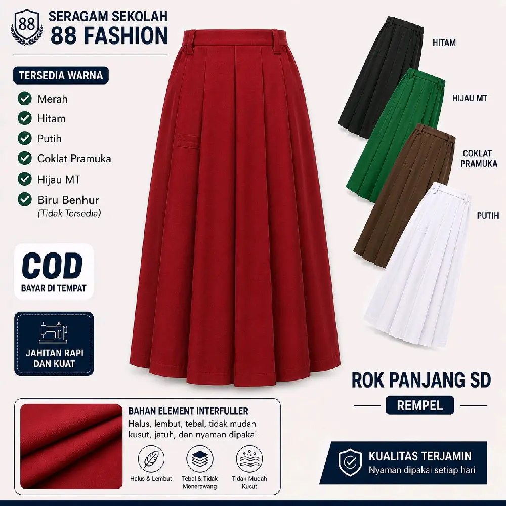 Rok Panjang SD Rempel Element Interfuller Merah Hitam Hijau MT Coklat Pramuka Putih Bahan Halus Lembut Tebal Nyaman
