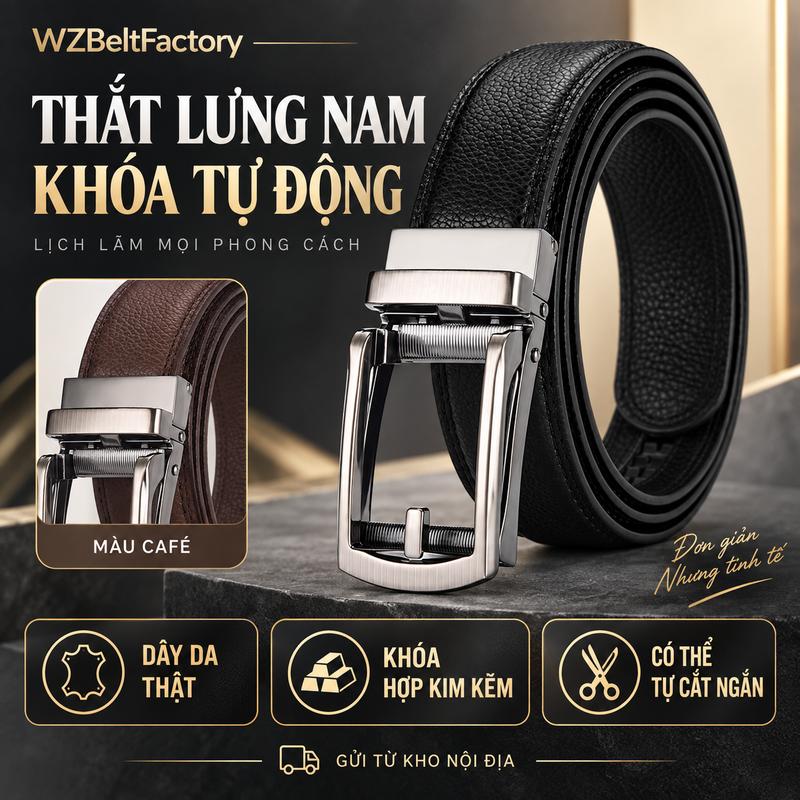 Thắt Lưng Nam Da Thật WZBeltFactory Khóa Tự Động Hợp Kim Kẽm, Có Thể Cắt Ngắn, Bản 3.2 cm, Dây Đen/Nâu, Dài 120/130 cm